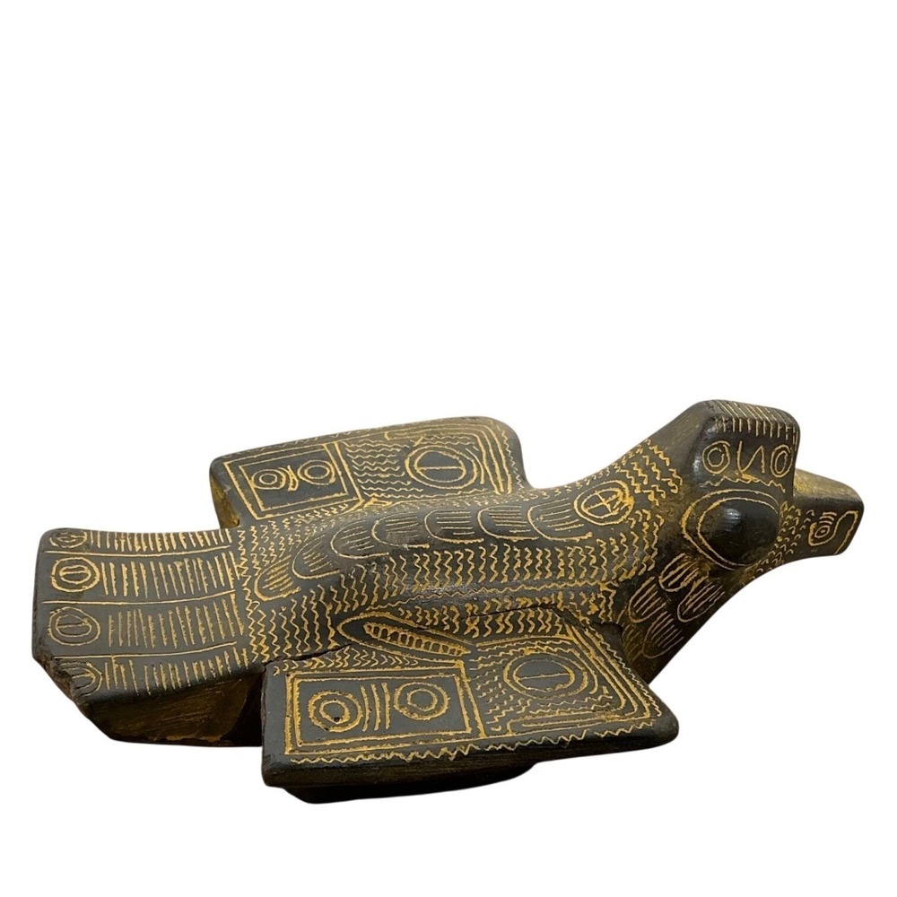 Vintage Cast Stone Bird Figurine Etched Folk Tribal Boho Decor Sculpture